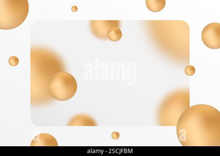 Fond de présentation minimaliste dans un style morphisme en verre avec rectangle en verre transparent avec effet flou. Décoré de boules rondes dorées. Banque D'Images