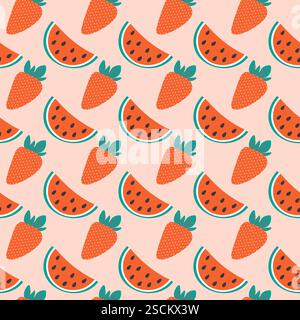 Fraise avec des feuilles et des tranches de pastèque avec Seed Seed Seamless motif coloré texture. Isolé illustration vectorielle papier peint, bannière d'emballage ou de promo Web, fond de dépliant, carte, étiquette Illustration de Vecteur