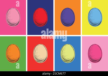 Pop Art illustration d'œufs colorés dans une grille vibrante. Illustration de Vecteur