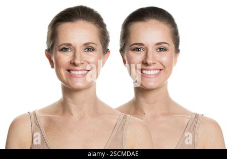 Femmes heureuses sur fond blanc. Modèle féminin adulte jeune et mature. Traitement du visage, cosmétologie, médecine, chirurgie et concept de rajeunissement Banque D'Images