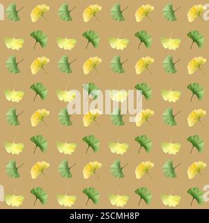 Trois ginkgo biloba, arbre maidenhair vibrant vert et jaune feuilles sans couture sur fond de moutarde. Aquarelle texturée détaillée peinte à la main Banque D'Images