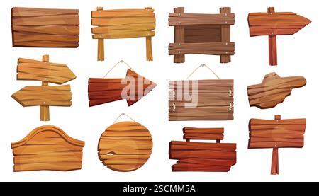 Wild West ou vieux ensemble de planches en bois vides. Panneau d'affichage rétro vectoriel ou plaque rustique. Bouclier ou panneau de dessin animé. Flèche de direction et de guidage. Illustration de Vecteur