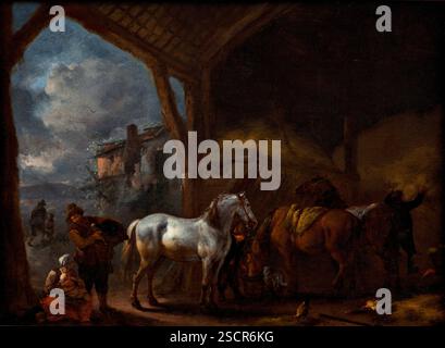 Intérieur stable avec chevaux, 1650-1655. Banque D'Images