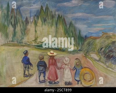 La Forêt de conte de fées, 1901 ou 1902. Six enfants se tiennent dos à nous regardant vers une forêt verte dense. Vêtus de costumes typiques de l'époque, ils se tiennent par la main. Ils sont toujours à une distance sécuritaire du bois. Mais bien que nous soyons au milieu de la journée, et qu’il n’y ait pas d’ombres sombres pour constituer une menace immédiate, il est difficile de dire ce que la forêt pourrait cacher. Le chemin devant disparaît parmi les arbres. Banque D'Images