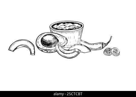 Avocat, piment, jalapeno et guacamole trempent dans le bol illustration vectorielle. Ingrédients végétaux pour la ligne de sauce mexicaine traditionnelle encre noire art Illustration de Vecteur