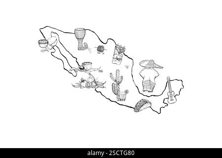 Mexica carte silhouette avec illustrations monochromes vectorielles de vues peintes par des encres noires. Vêtements mexicains, instruments de musique, cuisine, boissons Illustration de Vecteur