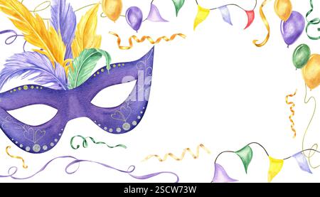 Masques de plumes avec des plumes d'oiseaux colorées, guirlandes de drapeau, rubans, cadre rectangulaire de ballons. Mardi gras, brésilien, mascarade vénitienne Banque D'Images