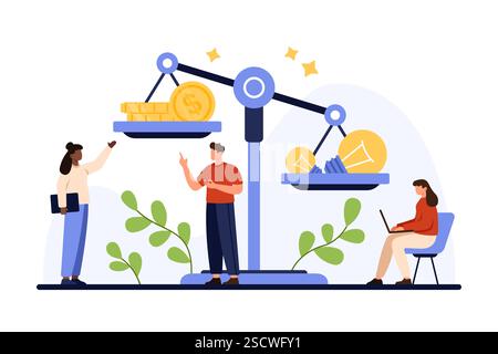 Coût et évaluation de l'idée créative, comparaison ampoule vs argent. Les gens minuscules comparent les lampes et les pièces d'or sur les balances de balance, pèsent le succès du projet et l'illustration vectorielle de dessin animé de bénéfice de revenu Illustration de Vecteur