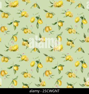 Aquarelle Seamless Pattern avec illustration de citrons entiers et demi avec des fleurs roses. Imprimé peint à la main avec branche d'agrumes avec des feuilles vertes sur Banque D'Images