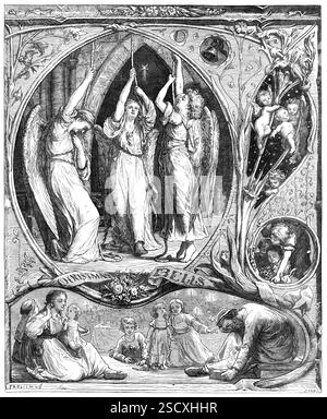 Cloches de Noël, dessinées par Lorenz FR&#xf6;lich, 1872. Illustration d'une chanson de John Latey. « Comme le son est bienvenu, lorsque la période de Noël arrive, alors que les cloches de la tour et du clocher sonnent clairement, et pourtant leurs sonneries prêchent avec différentes tonalités à chacun, rendues différentes par la différence dans l'oreille d'écoute. Sur le genou de sa mère l'enfant, avec une joie insouciante, mais entend le tumulte de quelques cloches joyeuses ; à ceux des années plus mûres, avec des espoirs rares teintés de peurs, de tous les chers plaisirs de la saison bénie il dit le tandis que sa souche solennelle à l'âge a touche de douleur ; le pi Banque D'Images