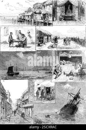 Les Chinois à San Francisco, 1880. Croquis de Mr. T. A. Harrison. «1. Habitations chinoises sur l'eau ; 2. Une maison de joss, ou temple chinois ; 3. Un scrivener de rue, ou écrivain ; 4. Pulvériser les crevettes, par foulage, pour l'exportation ; 5. Bateaux de pêche, au clair de lune ; 6. Fumeurs d'opium ; 7. Chinamen avec une barque détruite ; 8. Sur le marché chinois ; 9. Rue dans le quartier chinois... l'Assemblée législative de Californie a adopté une loi... interdisant l'emploi de travailleurs chinois dans les travaux effectués par des entreprises publiques ou des sociétés. Le Gouverneur de l'État a approuvé le projet de loi Banque D'Images