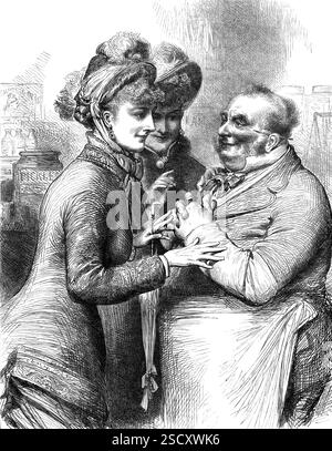 Élections générales : démarchage, 1880. « Les dames, pour leur part, quelle que soit leur candidate préférée, ont très souvent prouvé leur talent supérieur pour le travail de sollicitation des votes. Notre page d'accueil Engraving, on l'observera, expose un incident de ce genre avec un certain degré de plaisir. Le bon commerçant, un épicier ou un entrepôt italien, cédera aux demandes de ses visiteurs de foire, comme nous le voyons déjà. Il sait qu'ils n'apporteront pas leur coutume aux magasins coopératifs. Tiré de "Illustrated London News", 1880. Banque D'Images