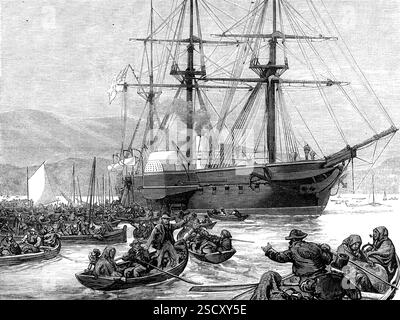 Irish relief Squadron, sous la direction du duc d'Édimbourg - distribuant des magasins de H.M.S. Valorous à Kilkerran, 1880. Le zèle manifesté par l'amiral le duc d'Édimbourg en administrant des secours à la population en détresse des îles occidentales et de la côte irlandaise n'a pas été sans effet sur un peuple chaleureux... à son Altesse Royale a été laissé la tâche de superviser la distribution appropriée entre les mêmes insulaires souffrants de la cargaison abondante de pommes de terre, farine, farine, viandes en conserve, et vêtements, qui a été souscrit par le propriétaire et les lecteurs du New York Herald, et qui Banque D'Images