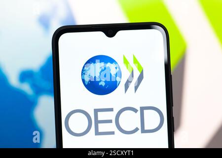 Dans cette illustration photo, le logo de l'Organisation de coopération et de développement économiques (OCDE) est affiché sur l'écran d'un smartphone. Banque D'Images