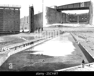Royal Victoria and Albert Docks, North Woolwich, [sud-est de Londres], 1880. «1. Portes de verrouillage d'entrée ; 2. Passage Manor Way, montrant le pont tournant ; 3. Vue générale du New Royal Albert Dock... ces quais, qui s'étendent à travers le niveau Plaistow, trois miles en dessous de l'entrée des East India Docks à Blackwall, ayant leur entrée orientale presque en face des mâts d'entraînement de l'artillerie, qui sont adjacents à Woolwich Arsenal, ont été construits par la London et Katharine's Docks Company... les quais sont éclairés la nuit par la lumière électrique de Siemens. Le contrat pour ce travail de grande envergure a b Banque D'Images