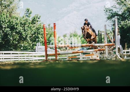 Un équestre expérimenté saute par-dessus la barrière dans un cadre extérieur pittoresque Banque D'Images