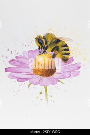 Illustration aquarelle d'une abeille travaillant sur une fleur Banque D'Images