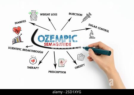 Concept OZEMPIC. Graphique avec des mots-clés et des icônes sur fond blanc. Sigulda, Lettonie - 29 décembre 2024 Banque D'Images