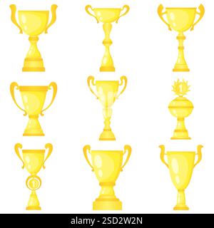 Ensemble de neuf coupes de champion de trophée vectoriel en or. Prix de championnat pour la première place. Symboles de victoire isolés sur fond blanc. Illustration de Vecteur