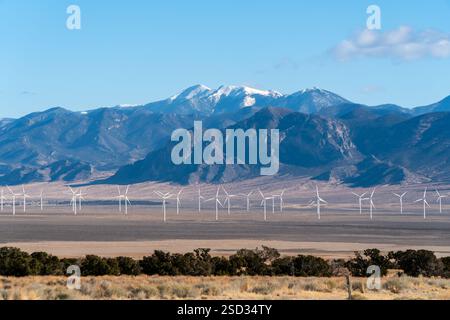 Parc éolien produisant de l'énergie durable dans l'intérieur du Nevada, avec des montagnes qui l'entourent. Climat désertique aride et venteux, lumière du soleil. Banque D'Images