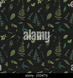 Modèle sans couture avec des feuilles vertes séchées et des fleurs sur fond noir Illustration de Vecteur