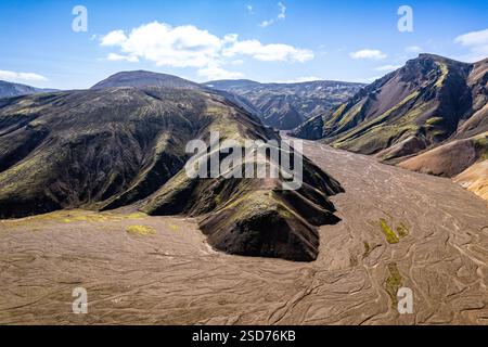 Vue aérienne vivante des montagnes volcaniques colorées Landmannalaugar et terrain érodé sous ciel clair, mettant en valeur la beauté naturelle et les merveilles géologiques. Banque D'Images