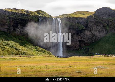 Vue aérienne des cascades sereines de Seljalandsfoss sur une végétation luxuriante, entourée de falaises spectaculaires sous un coucher de soleil époustouflant Banque D'Images