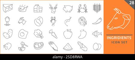 jeu d'icônes sur les ingrédients dans l'illustration vectorielle. icônes de ferme. jeu d'icônes alimentaires. Illustration de Vecteur