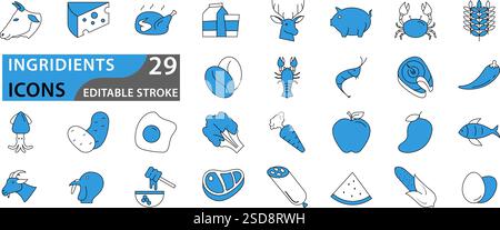 jeu d'icônes sur les ingrédients dans l'illustration vectorielle. icônes de ferme. jeu d'icônes alimentaires. Illustration de Vecteur