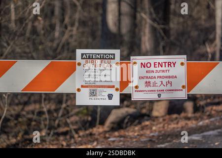 Comté de Lancaster, Pennsylvanie, 4 février 2025 : panneau avertissant les visiteurs de la zone de gestion de la faune de Middle Creek de l'éclosion de grippe aviaire chez les gees des neiges Banque D'Images