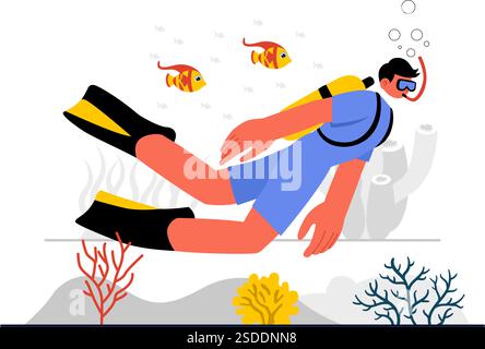Plongée Sport illustration vectorielle avec équipement de natation sous-marine pour explorer les récifs coralliens, la flore et la faune marines, et la vie marine dans l'océan Illustration de Vecteur