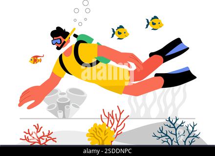 Plongée Sport illustration vectorielle avec équipement de natation sous-marine pour explorer les récifs coralliens, la flore et la faune marines, et la vie marine dans l'océan Illustration de Vecteur