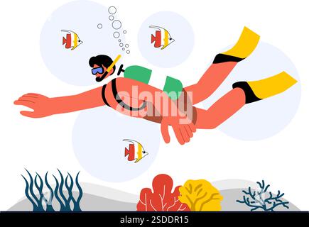 Plongée Sport illustration vectorielle avec équipement de natation sous-marine pour explorer les récifs coralliens, la flore et la faune marines, et la vie marine dans l'océan Illustration de Vecteur