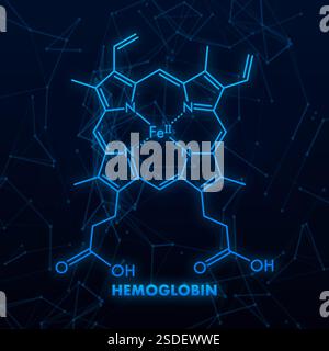 Formule chimique structurale de la molécule d'hémoglobine sur fond bleu foncé Illustration de Vecteur