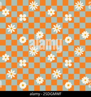 Motif à carreaux de fleurs groovy. Motif sans couture rétro avec des fleurs simples dans le style des années 1970. Fond groovy pour Tshirt, affiche, carte et impression Illustration de Vecteur