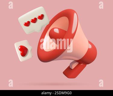 icône d'annonce 3d avec un haut-parleur rouge bulles et coeurs Illustration de Vecteur