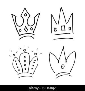 Couronnes dessinées à la main. Ensemble de quatre couronnes de reine ou de roi de graffiti simples. Couronnement impérial royal et symboles monarques. Pinceau noir doodle isolé Illustration de Vecteur