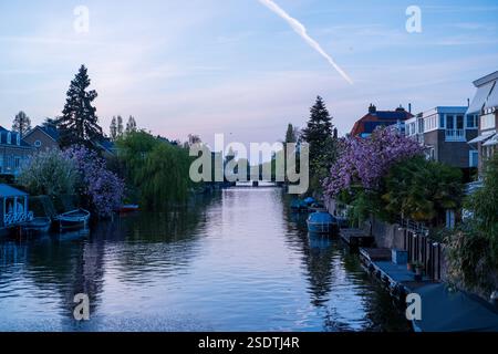 Vue sur une voie navigable avec des arbres en fleurs et des bateaux des deux côtés, près d'Amstedam au printemps 2022 Banque D'Images