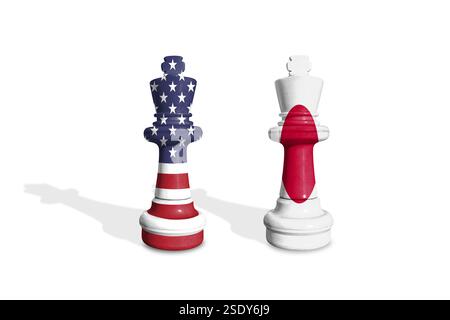 Échecs fabriqués à partir de drapeaux américains et japonais sur un fond blanc Banque D'Images