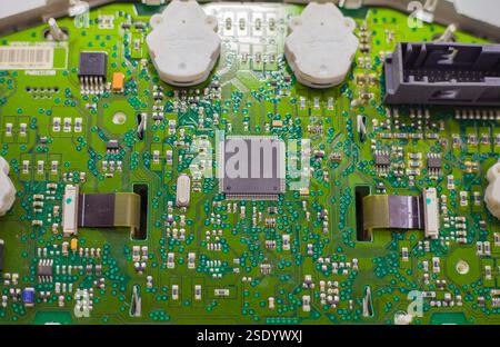 Dispositif technique de microcircuit photo réel de fond, vue de compteur de vitesse de voiture de l'intérieur Banque D'Images