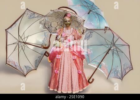 Le splendide costume de carnaval avec les petits parapluies décorés Banque D'Images