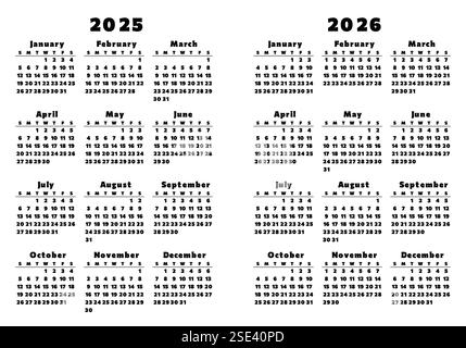 2025, calendriers annuels de vecteur anglais de 2026 ans avec 12 mois Illustration de Vecteur