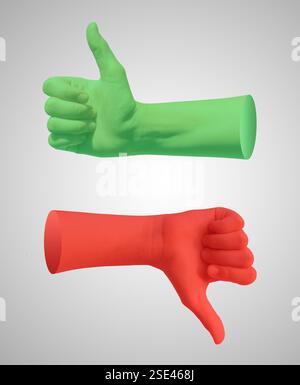 Les pouces vers le haut et vers le bas symbolisent la rétroaction positive et négative, l'opinion et l'évaluation. Concept de qualité, satisfaction, contraste. Isolé sur blanc Banque D'Images