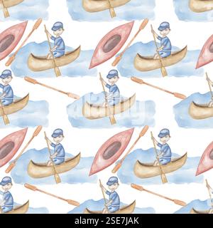 illustration de canot aquarelle motif sans couture, homme mignon naviguant dans le papier de répétition de bateau, scrapbooking Banque D'Images