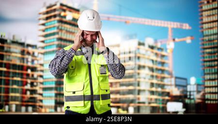 Contrarié triste travailleur de la construction. Contremaître insatisfait Banque D'Images