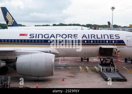 Airbus A350-900 de Singapore Airlines à une porte d'aéroport, en cours de ravitaillement et de chargement de fret sous un ciel nuageux, Aéroport de Changi, Singapour Banque D'Images