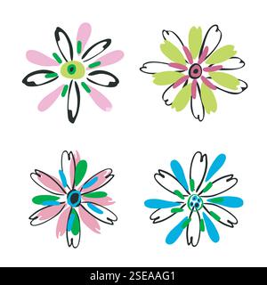 Forme de fleur à main levée, éléments isolés, ensemble de floraison clipart. Dessin à la main dessin de style dessin animé. Contour du contour de la brosse à encre. Joli décor floral en toile Illustration de Vecteur