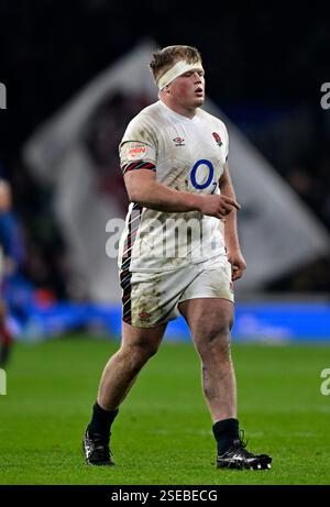 Twickenham, Royaume-Uni. 08th Feb, 2025. Guinness homme 6 Nations. Angleterre V France. Allianz Stadium. Twickenham. Fin Baxter (Angleterre) lors du match de rugby Angleterre V France Guinness Mens 6 Nations. Crédit : Sport in Pictures/Alamy Live News Banque D'Images