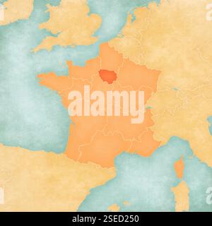 Ile-de-France sur la carte de France dans un style grunge doux et vintage, comme du vieux papier à l'aquarelle. Banque D'Images