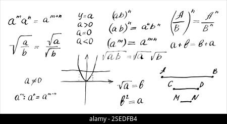 Formules mathématiques et graphiques. Illustrations vectorielles à l'encre noire dessinées à la main. Équations mathématiques écrites sur un tableau noir et blanc Illustration de Vecteur